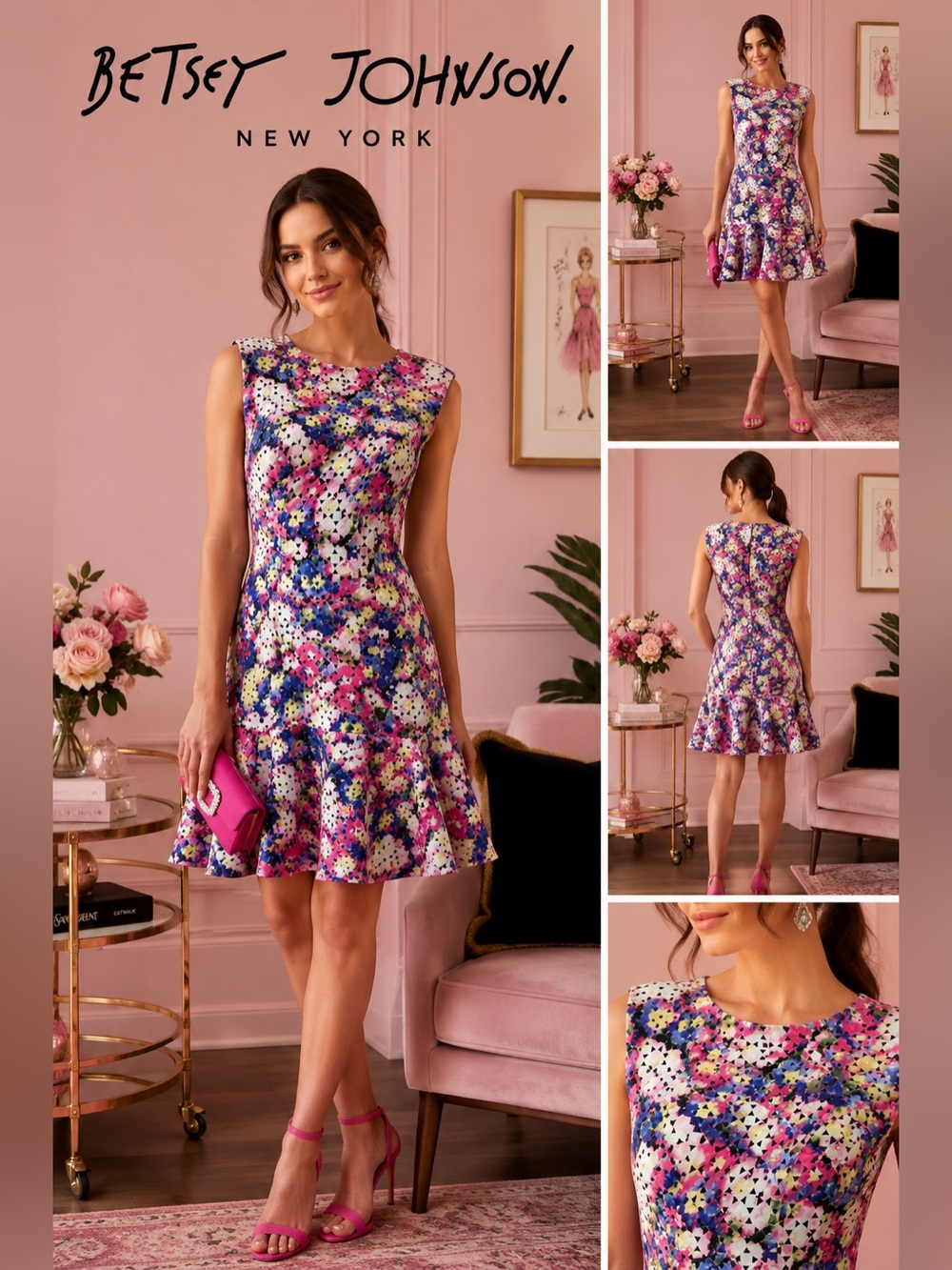 Betsey Johnson Dress Size 4 Multicolor Floral Fit Flare Laser Cut Sleeveless